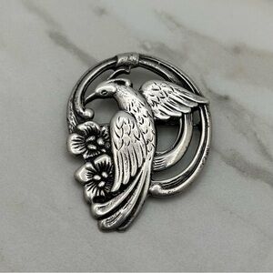 Vintage Sterling Silver Art Nouveau Brooch Pin w Bird And Flowers Floral Large